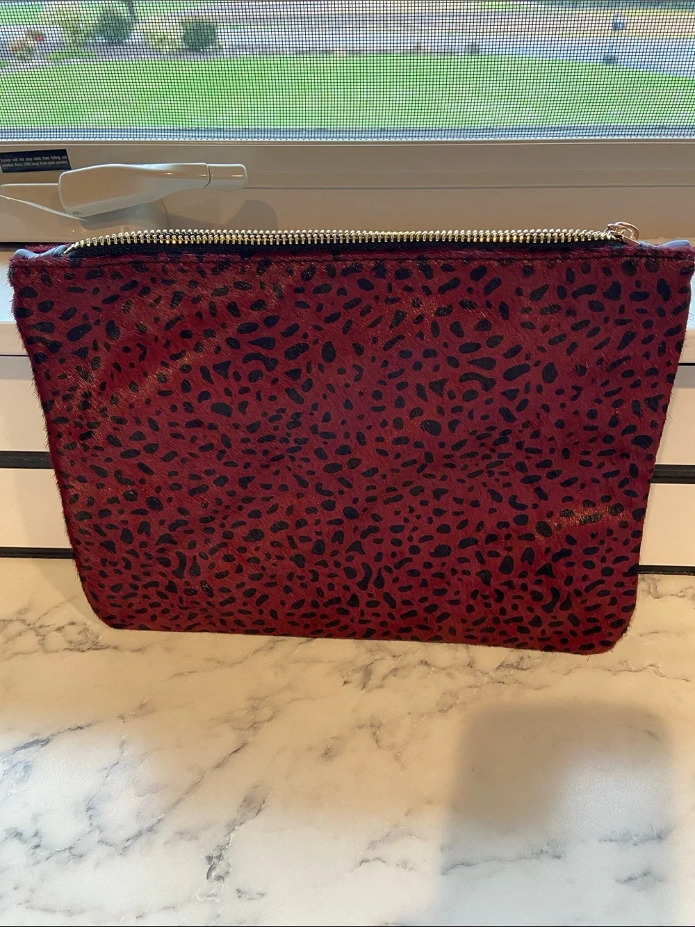 Sole Society Burgundy Leopard Print Zip Clutch with Gold Hardware